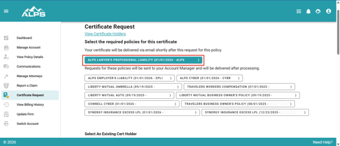 Account Center COI Request Screen 1