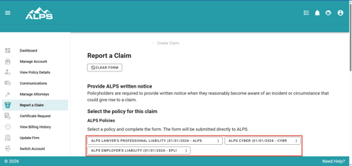 Account Center Report a Claim Screen