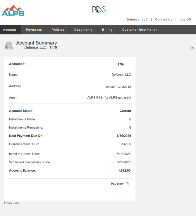 PBS Account Summary top of screen