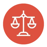 Salmon colored circle with reversed out scales of justice