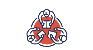 Line icon of 3 people sitting around a table talking