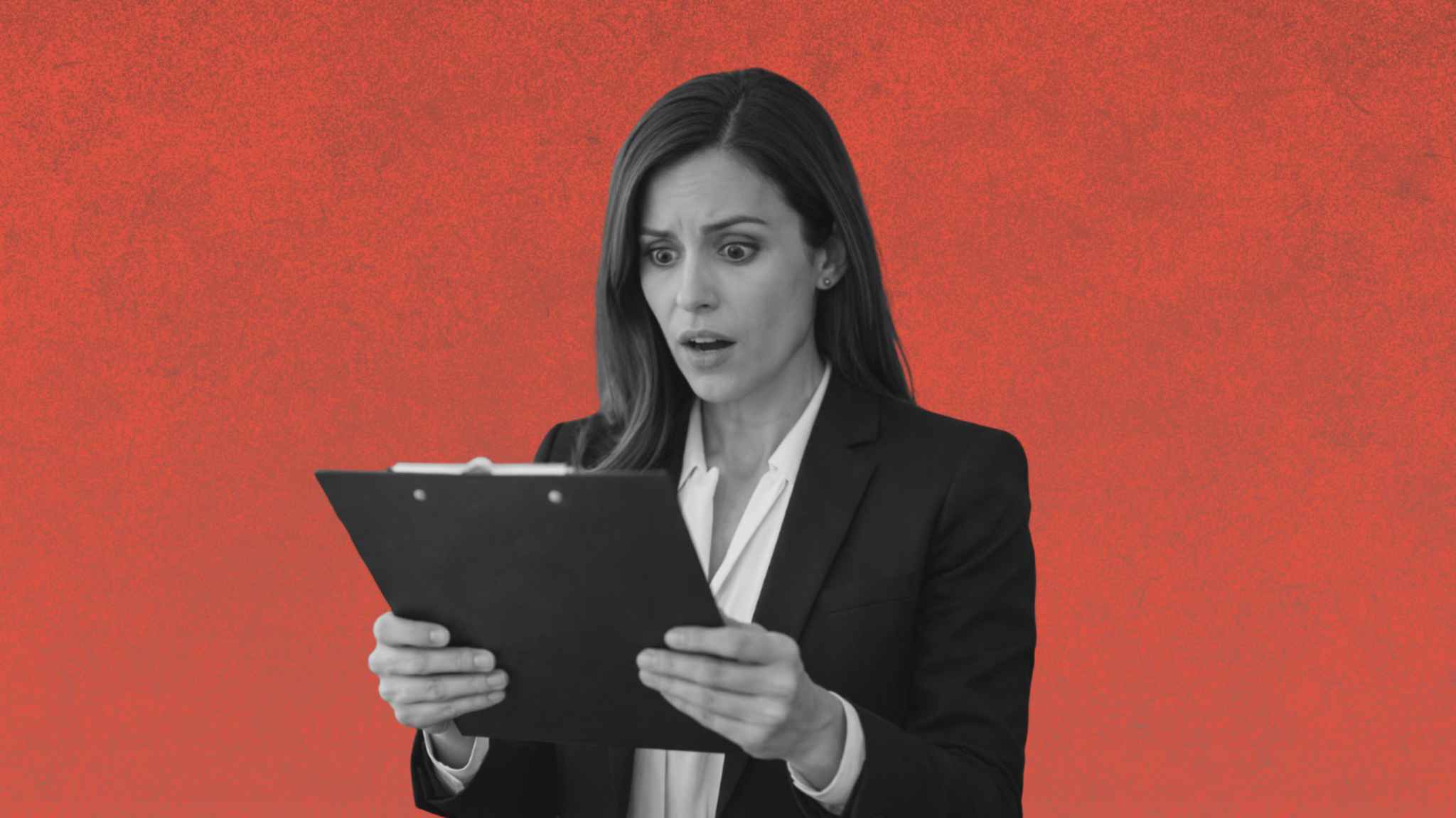 Female attorney looking at a clipboard with astonishment.