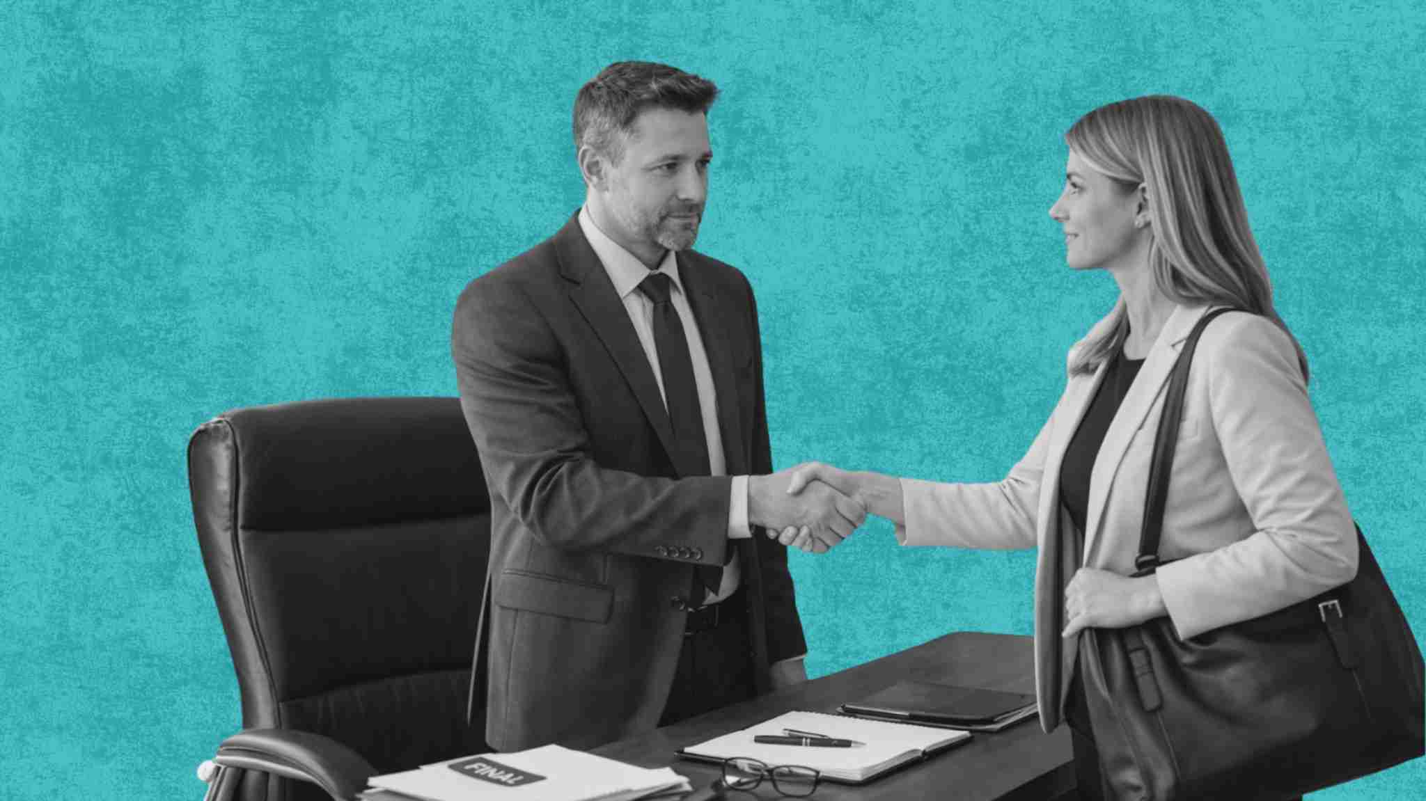 Male attorney standing and shaking the hand of a departing client.