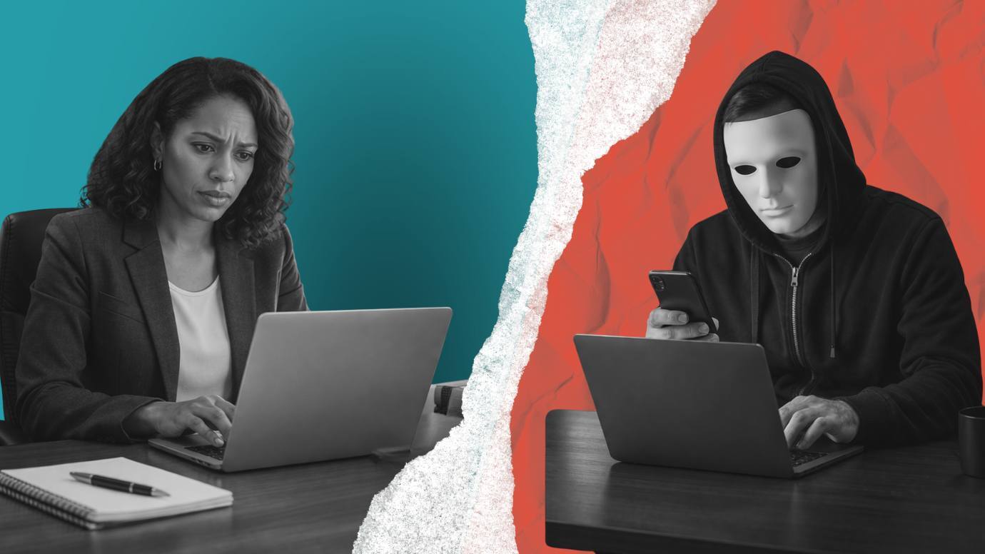 Concerned female attorney on her laptop. A torn graphic separates her from a masked cyber criminal wearing a hoody in front of a laptop and holding a cell phone. 