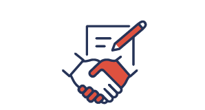 Line icon of shaking hands with document and pen behind them